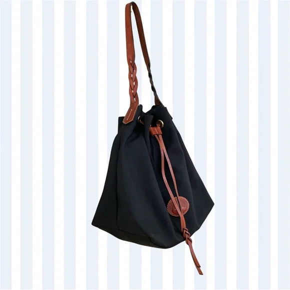 Classic Dooney & Bourke Nylon Drawstring Black and Red Interior Bucket Bag EUC - Picture 5 of 9